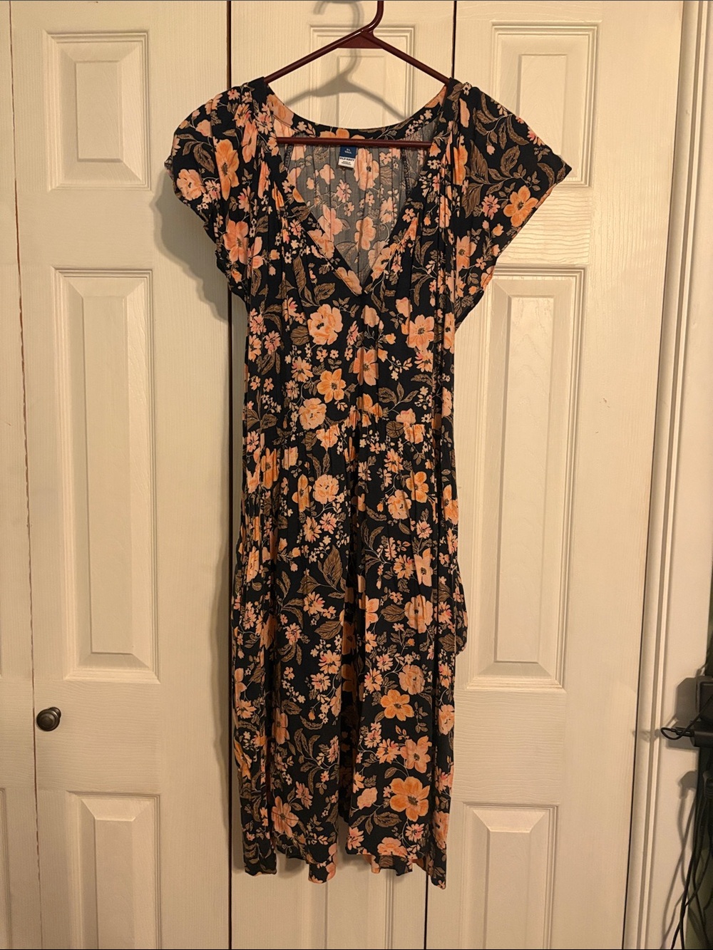 Old Navy Black Midi Dress with Peach Floral Pattern